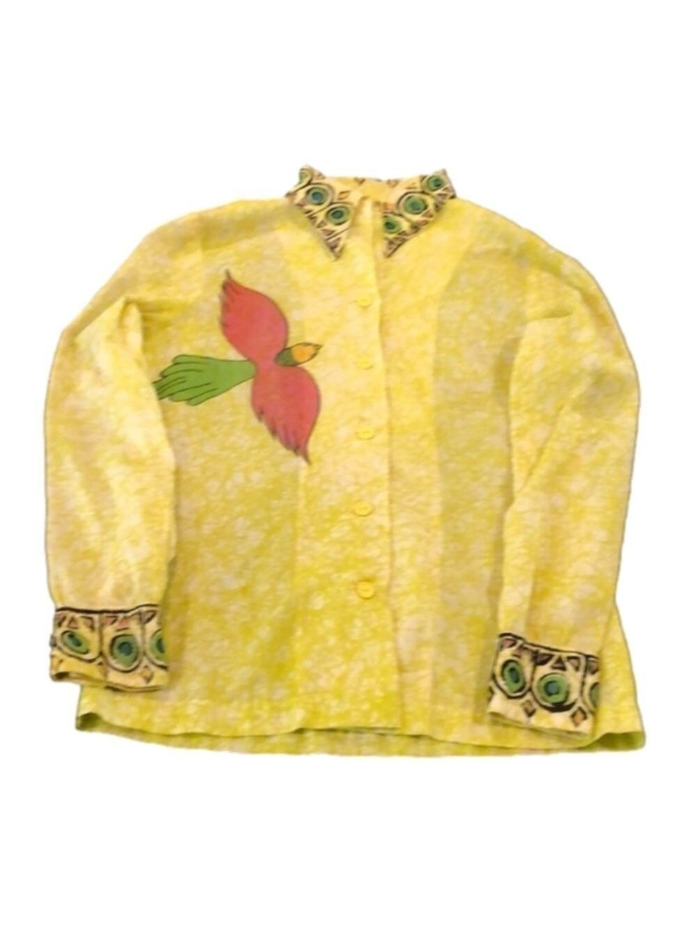 𝅺VINTAGE yellow blouse with colorful bird. Wearable art unique Size 3/4